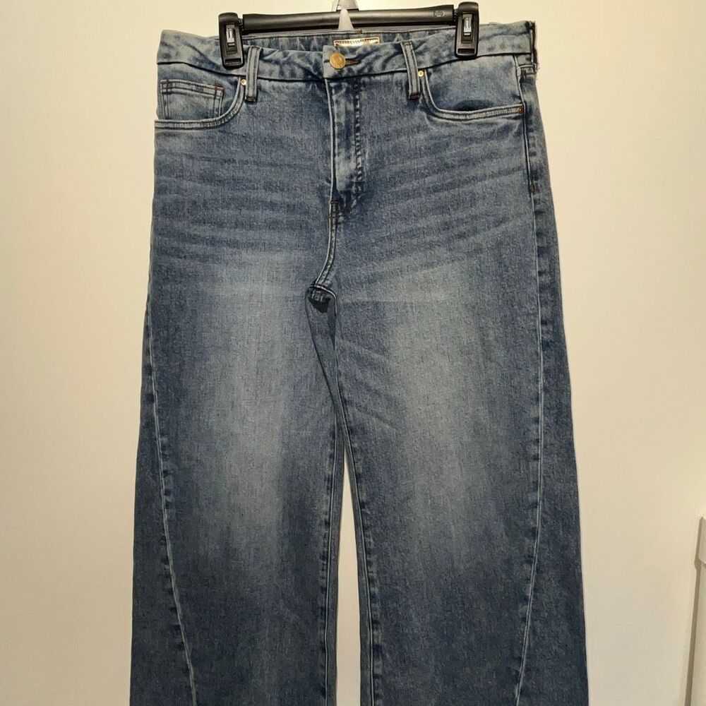 KUT From The Kloth Women's Blue Frayed Hem Whiskering Wide Leg Jeans Size 10
